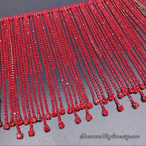 Red Rhinestone Trim, Red crystal Gunmetal Set applique,  long Tassels Rhinestone Chain, overlength fringe neckline applique ,DIY Wedding