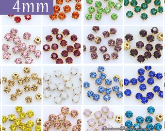 4mm Chaton montees Rhinestones  Gold set--  sew on glass Crystal beads Multicolors in gold setting Craft Supplies