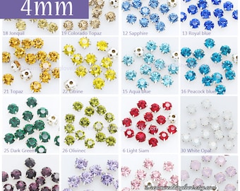4mm Chaton montees Rhinestones  Sliver set--  sew on glass Crystal beads Multicolors in Silver setting Craft Supplies