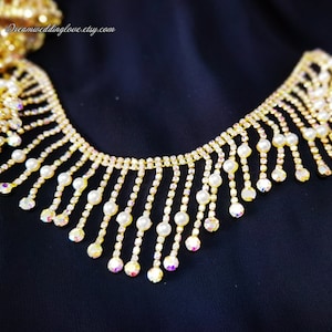 AB color Rhinestone Gold set pearl Trim fringe, Rhinestone Chain, ,Clear Glass neckline applique,long Tassels, Gold Metal Crystal Tassels