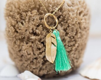 Tassel Necklace, Bright Green Silk Tassel and Gold Feather Pendant Necklace, Feather Charm, Gold Necklace, Boho Necklace, Layering