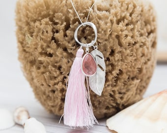 Tassel Necklace, Pale Pink Silk Tassel, Pink Opal and Silver Feather Pendant Necklace, Feather Charm, Silver Necklace, Boho Necklace, Gift