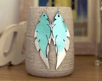 Turquoise & Silver Statement Earrings, Leather Feather Earrings, Handmade Genuine Leather Earrings, Metallic Leather Bohemian Earrings