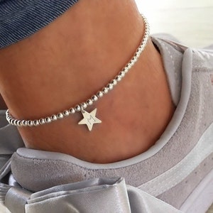 Sterling Silver Anklet/Ankle Bracelet, Personalised Ankle Bracelet, Initial Ankle Bracelet, Sterling Silver Star, Heart or Disc Charm Anklet