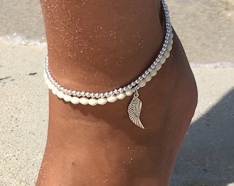 Sterling Silver Anklet/Ankle Bracelet with Sterling Silver Angel Wing Charm, Sterling Silver and Bone Beads, Double Anklet, Boho Anklet