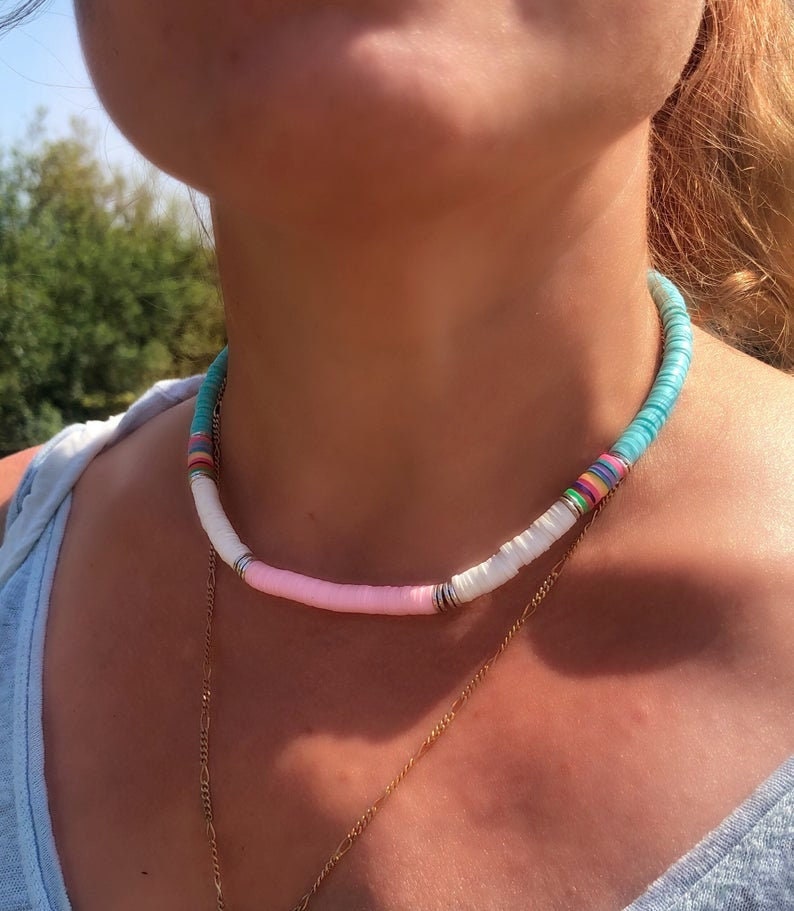 Heishi Bead Necklace, Multi Colour Bohemian Necklace, Outer Banks Necklace, Surfer Necklace, Polymer Clay Disc Beads, Bright Summer Necklace Heishi Bead Necklace, Multi Colour Bohemian Necklace, Outer Banks Necklace, Surfer Necklace, Polymer Clay Disc Beads, Bright Summer Necklace