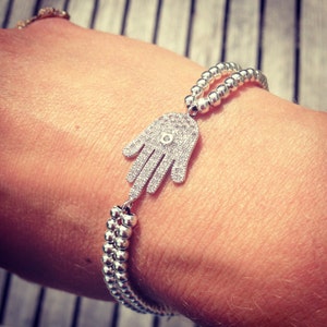 Sterling Silver Beaded Bracelet, Silver Hamsa Hand, Hand of Fatima Charm, Yoga Bracelet, Bohemian Bracelet, Beach Jewellery, Spiritual Charm