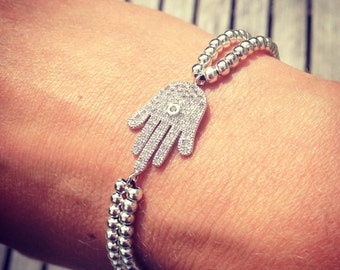 Sterling Silver Beaded Bracelet, Silver Hamsa Hand, Hand of Fatima Charm, Yoga Bracelet, Bohemian Bracelet, Beach Jewellery, Spiritual Charm