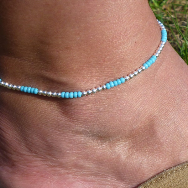 Sterling Silver and Turquoise Anklet/Ankle Bracelet,  Beach Jewellery, Surf Jewellery, Boho Ankle Bracelet, Anklet, Sterling Silver Beads