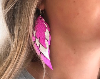 Bright Pink & Silver Leather Feather Earrings,  Handmade Genuine Leather Feather Earrings, Metallic Leather Earrings, Bohemian Earrings