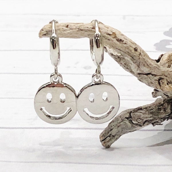 Smiley Face Huggie Hoop Earrings, Silver Smiley Face Earrings, Silver Hoop Earrings, Silver Huggie Earrings, Smiley Face Charm, Fun Earrings