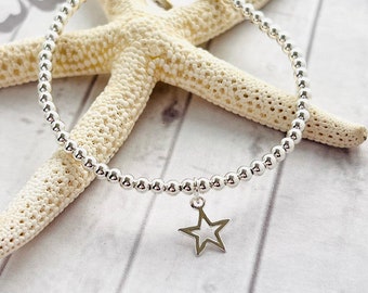 Star Charm Bracelet, Sterling Silver Bracelet, Open Star Charm, Cute Star Charm, Sterling Silver Charm, Sterling Silver Beads, Gift for Her
