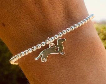 Dachshund Charm Bracelet, Sterling Silver Bracelet, Sausage Dog Charm, Dog Lover, Dachshund Charm, Sterling Silver Beads, Gift for Her