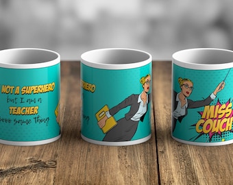 Personalised Pop Art Superhero Teacher Mug - Choose colours, job title and name