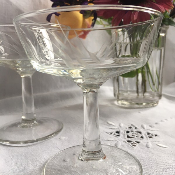 Pair Vintage French Champagne Coupes, Retro Glassware