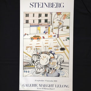May include: A black and white poster with a colourful illustration of a city street scene. The poster is titled "STEINBERG" and includes the text "24 septembre - I'novembre 1986" and "GALERIE MAEGHT LELONG 13, rue de Téhéran, Paris 8".