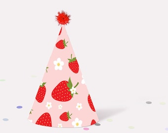 Strawberry Party Hat - Printable Berry First Strawberry Daisy Birthday Party Crown Template - Very Berry Sweet Party Decor - 0013