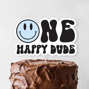 ワン ハッピー デュード ケーキ トッパー - 印刷可能なブルー スマイル フェイス 1 歳の誕生日パーティー デコレーション、ワン クール デュード バースデー パーティー、ヒップスター 90 ヒッピー デコレーション、0111