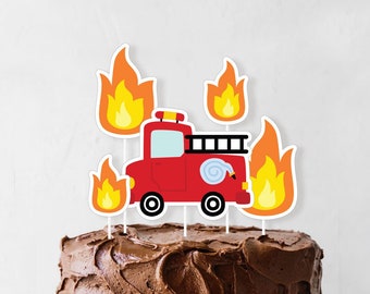 Firetruck Cake Topper - Printable Firefighter Fire man birthday party Cake Decoration - Personalized Vintage Firetruck Party Decor - 0121