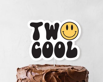 Two Cool Cake Topper - Printable Smile Face 2nd Second Birthday Party Decor, One Happy Dude Birthday Party, Hipster 90's Hippie decor, 0111