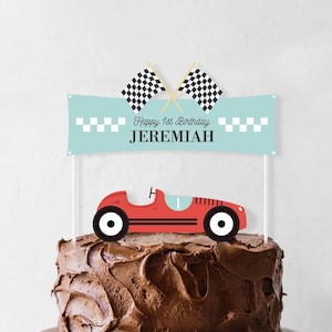 Race Car Cake Topper - Printable Personalized Vintage Racing Car Cake Decoration - Custom First Lap Boys 1st Birthday Party Decor - 0067