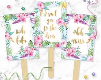 Say YES To The Dress Signs - Tropical Bouquet Summer Vibes Printable I said Yes Wedding Dress Shopping Paddles - Instant Bridal Gown Game