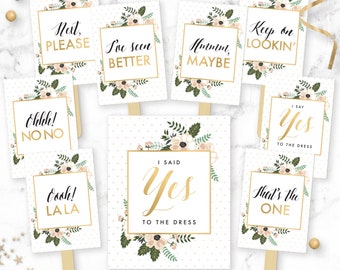 Say YES To The Dress Signs Bundle - Floral & Gold Polka Dots Printable I said Yes Wedding Dress Shopping Paddles - Instant Bridal Gown Game