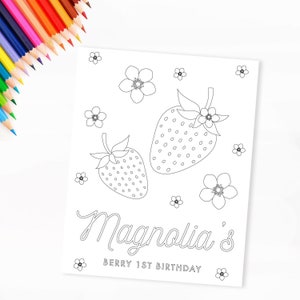 Strawberry Coloring Page - Printable Berry First Sweet Birthday Placemat - Kid's Personalized Placemats - Custom Name activity print - 0013