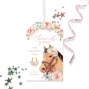 Horse Favor Tags - Printable Pink Floral Boho Cowgirl First Birthday Party Gift Labels - Customizable Rustic Farm Pony Girl Decor - 0071