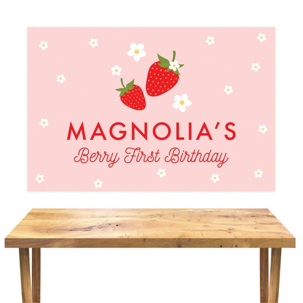 Strawberry Birthday Backdrop - Printable Berry First 1st Party Poster Banner - Personalized Sweet Strawberry Girls Background - 0013