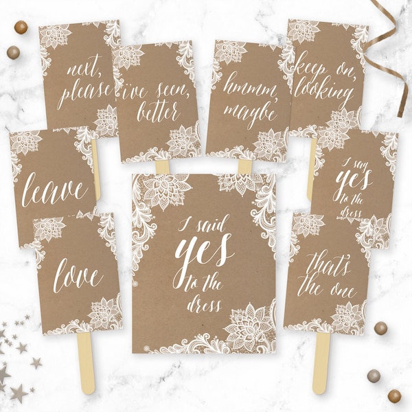 Say YES To The Dress Signs Bundle - Brown Krafts Paper & White Lace Printable I said Yes Wedding Dress Shopping Paddles - Bridal Game