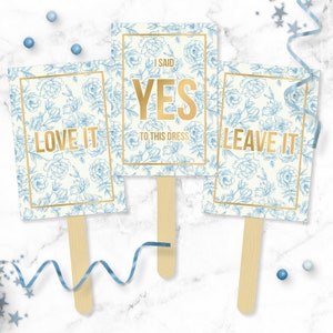 Say YES To The Dress Signs - Delicate Blue Florals with Gold Printable I said Yes Wedding Shopping Paddles - Instant Bridal Game