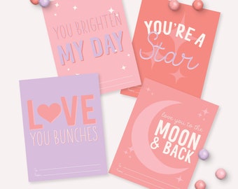 Tarjetas de positividad del día de San Valentín - Regalo de San Valentín para el aula para niños en rosa y morado imprimible - Etiqueta DIY de juegos de palabras de San Valentín - Instantáneo - FEB2021