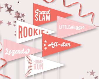 Baseball Pennant Flags - Printable Pink Baseball Birthday Party Centrepiece Decor - Home Run Table Photo Prop - Girl Sports Party - 0053