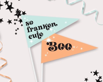 Banderines de Halloween - Banderas imprimibles de menta para Halloween - Accesorio fotográfico con forma de bandera tan linda de Franken - Decoración de fiesta de cumpleaños con canasta de fantasmas espeluznantes - 0049
