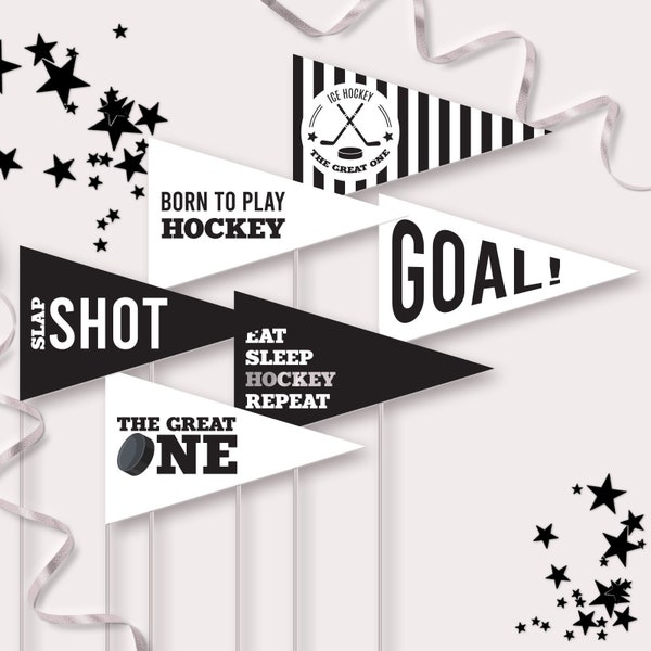 Hockey Pennant Flags - Printable Black & White Sports Birthday Party Centrepiece Decor - The Great One Table Prop - Slap Shot Party - 0095