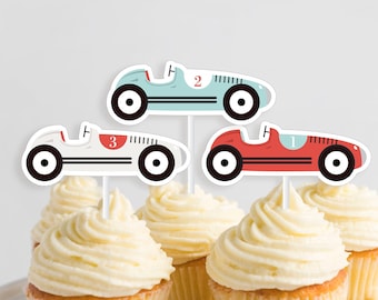 Car Cupcake Toppers - Printable Vintage Racing Car Cake Decoration - Custom First Lap Boys 1st Birthday Party Decor - 0067
