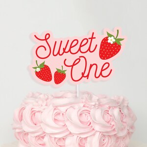 Strawberry Cake Topper - Printable Sweet ONE first Birthday Cake Smash Banner - Berry 1st Very Berry Strawberry Daisy Party Decor - 0013