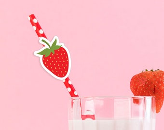 Strawberry Straw Toppers - Printable Pink Daisy Berry First 1st Birthday Party Food Picks - Very Berry Sweet Theme Party - 0013