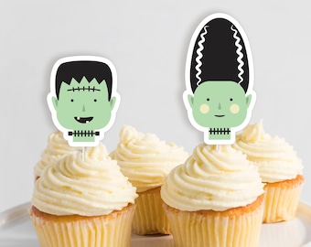 Frankenstein Cupcake Toppers - Printable Cute Mint Bride of Frankenstein Halloween Dessert Toppers - Monster Mash Party Favor Labels - 0141