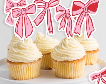 Bow Cupcake Toppers  - Printable Pink Coquette Bow first birthday party food table decor - Pretty In Pink Valentine's Day - Galentine - 0182