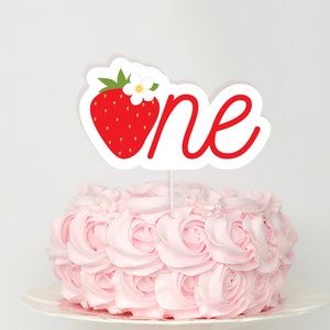Strawberry Cake Topper - Printable Very Berry First ONE Birthday Cake Smash Banner - Berry First Strawberry Daisy Party Decor - 0013