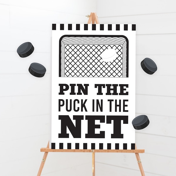 Pin The Puck In The Net Game - Jeu de fête d’anniversaire imprimable Pin The Tail - Thème sportif de hockey sur glace personnalisé Panneau de fête d’activité pour enfants - 0095
