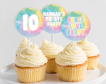 Tie Dye Cupcake Toppers - Printable Personalized Pastel Rainbow Tie Dye 1st Birthday Party Food Picks - Peace Love Party Theme Party - 0086