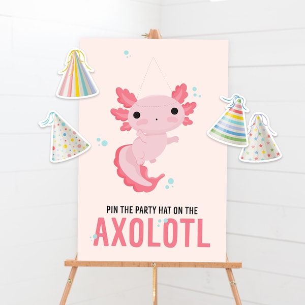 Pin The Party Hat On The Axolotl Game - Printable Cute Pink Axolotl salamander Pin The Tail Birthday Activity - Under water girl Sign - 0134