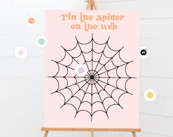 Pin The Spider On The Web Game - Printable Pin The Tail Birthday Party Game - Custom Pink Halloween Kids Activity Party Sign - 0049