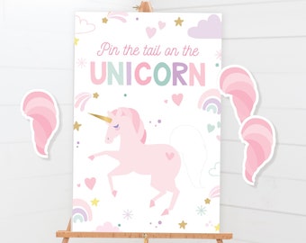 Pin The Tail On The Unicorn Game - Printable Magical Rainbow Unicorn Pin The Tail Birthday Party - Pink Horse Kids Activity Game Sign - 0044