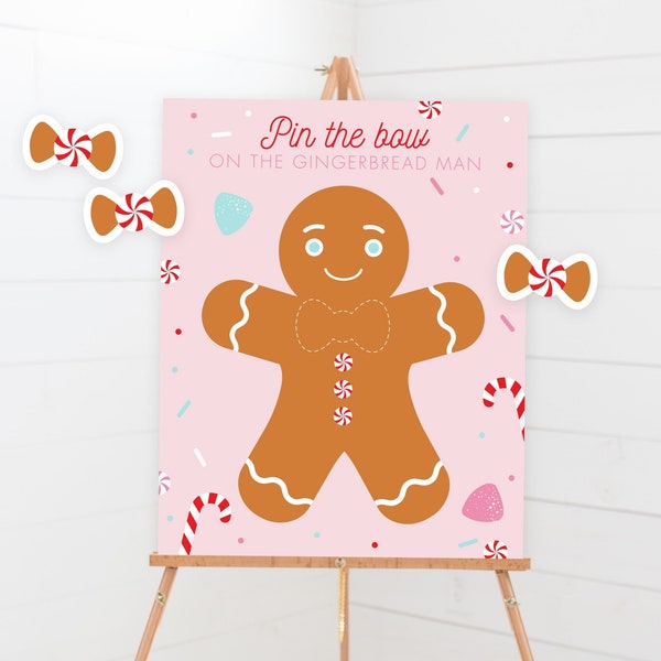 Pin The Bow On The Gingerbread Man Game - Printable Pin The Tail Birthday Party Game - Custom Pink Christmas Kids Activity Party Sign - 0064