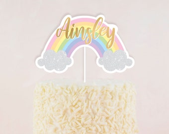 Personalized Pastel Rainbow with silver sparkle clouds Cake Topper - Printable Rainbow & Clouds Cake Banner - Custom Birthday Decor - 0005