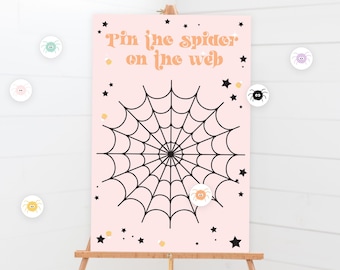 Pin The Spider On The Web Game - Printable Pink Pin The Tail Birthday Party Game - Custom Halloween Kids Activity Party Sign - 0049